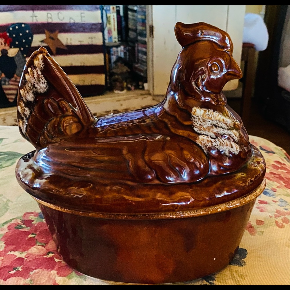 Vintage Hull Art Pottery USA Brown Drip Chicken Terrine Covered Dish Casserole